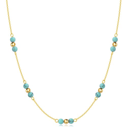 Sterling Silver with Yellow Gold Plated Round Turquoise Bead Metal Choker Necklace