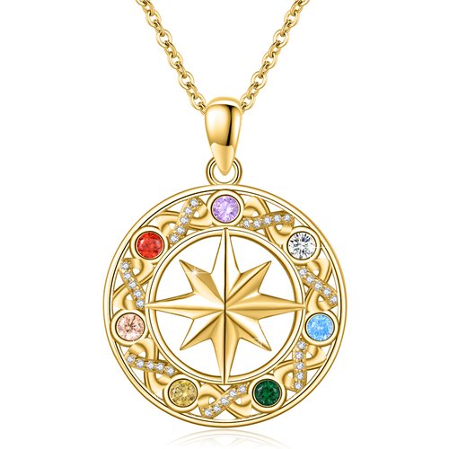 Sterling Silver with Yellow Gold Plated Round Zircon Chakras & Compass Pendant Necklace