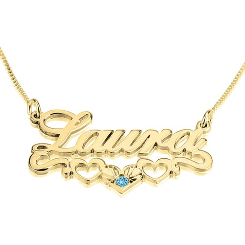 Sterling Silver With Yellow Gold Plated Round Zircon Personalised Birthstone With Personalised Classic Name & Heart Pendant Necklace For Women