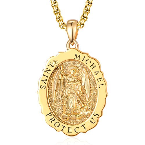 Sterling Silver with Yellow Gold Plated Saint Michael Pendant Necklace for Men