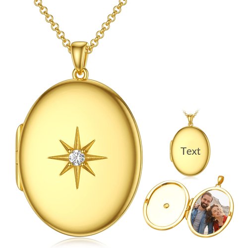 Sterling Silver with Yellow Gold Plated Star Circular Oval Shaped Cubic Zirconia Personalized Engraving Photo Locket Necklace