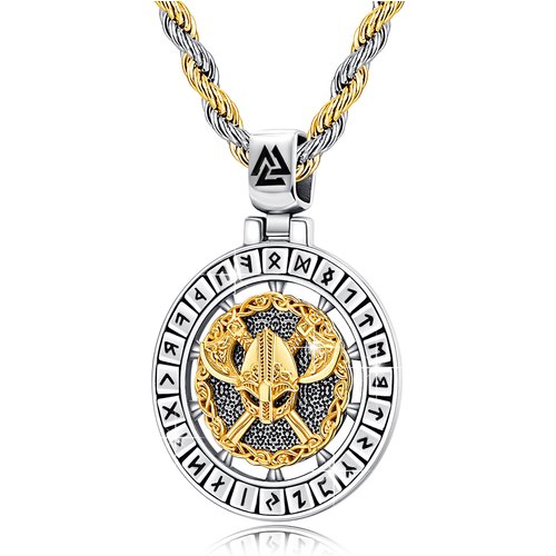 Sterling Silver with Yellow Gold Plated Viking Rune Pendant Necklace for Men