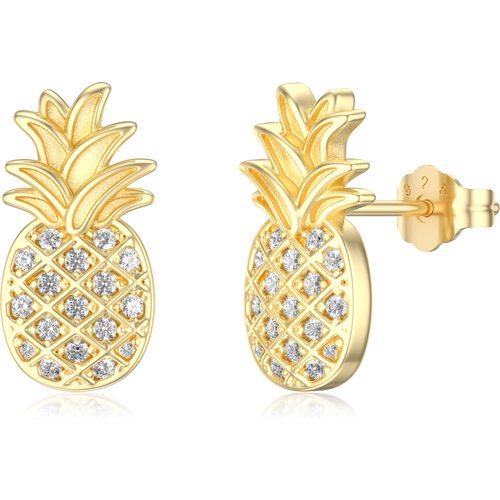 Sterling Silver with Yellow Gold Plated Zircon Pineapple Stud Earrings