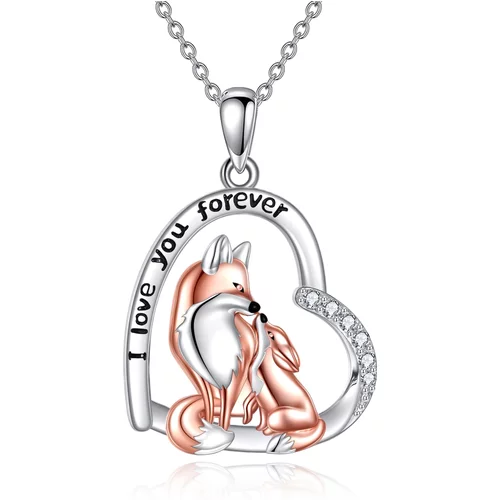 Sterling Silver Zircon Fox & Heart Pendant Necklace with Engraved Word