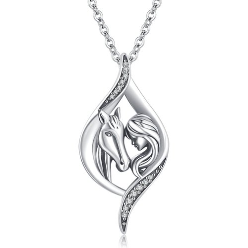 Sterling Silver Zircon Horse & Girl Drop Shaped Pendant Necklace