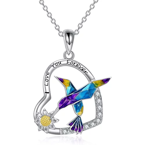Sterling Silver Two-Tone Zircon Hummingbird & Heart With Sunflower Pendant Necklace For Women
