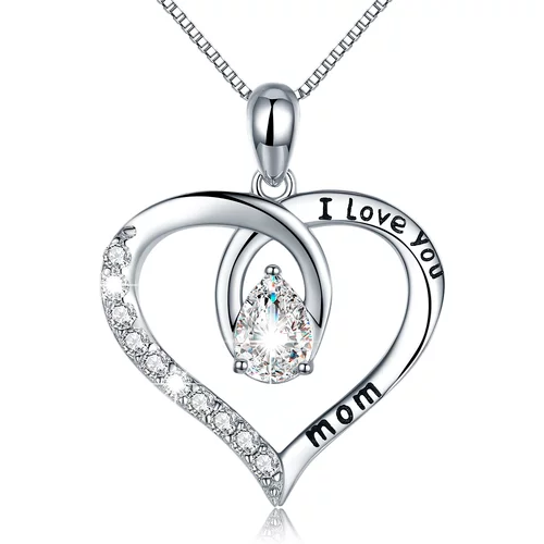 Sterling Silver Zircon Love Mom Heart Pendant Necklace