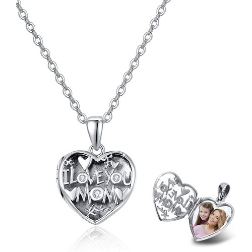 Sterling Silver Round Zircon Personalized Photo Locket Necklace For Mom Mother