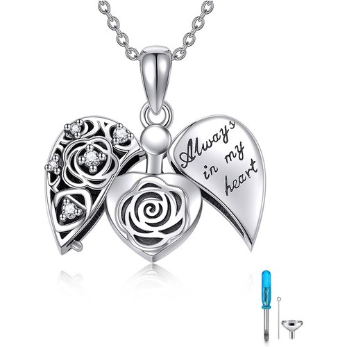 Sterling Silver Zircon Rose Urn Necklace for Ashes with Engraved Word