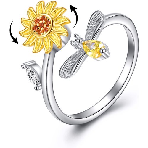 Sterling Silver Zircon Sunflower & Dragonfly Open Ring