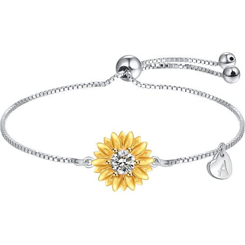 Sterling Silver Zircon Sunflower & Heart Curb Link Chain Bracelet