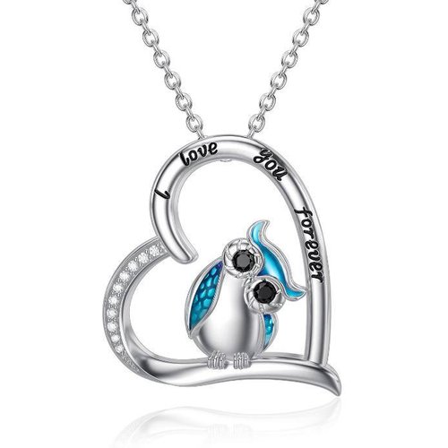Sterling SilverCubic Zirconia Owl & Heart Pendant Necklace Engraved I Love You Forever