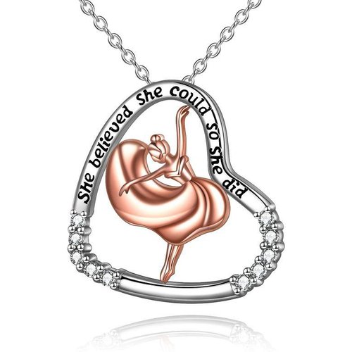 Sterling Silver Two-tone Dancing Girl & Heart Engraved Necklace for Women