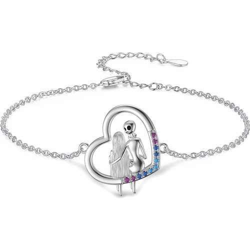 Sterling Silver Circular Shaped Cubic Zirconia Heart & Skull Single Layer Charm Anklet
