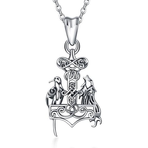 Sterling Silver Wolf & Thor's Hammer Pendant Necklace