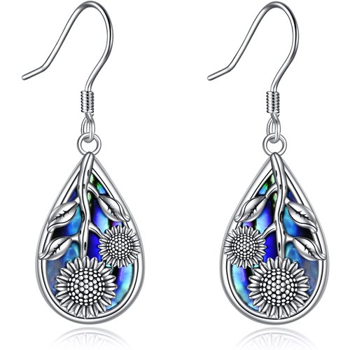 Sterling Silver Abalone Shellfish Sunflower Drop Earrings for Women
