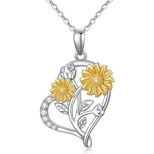 14K White Gold & Yellow Gold Moissanite Sunflower & Heart Pendant Necklace
