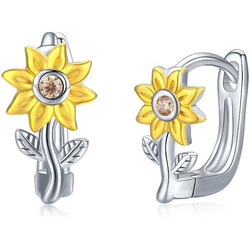 Sterling Silver Two-tone Cubic Zirconia Sunflower Lever-back Earrings