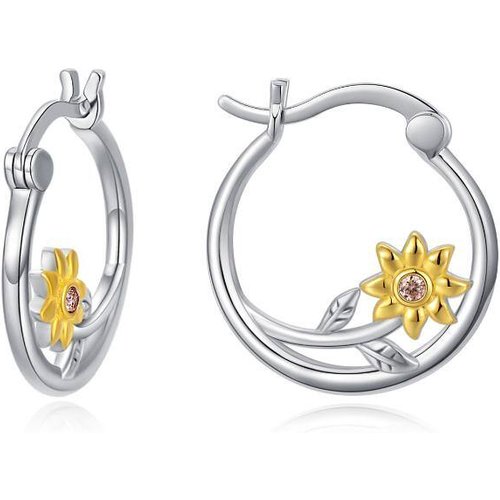 Sterling Silver Two-tone Cubic Zirconia Sunflower Hoop Earrings