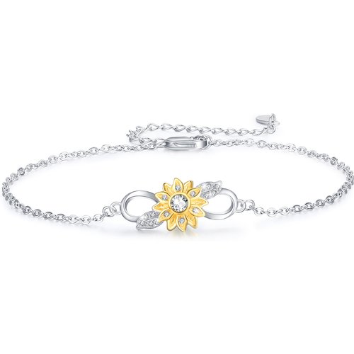Sterling Silver Two-tone Sunflower & Infinity Symbol Charm Bracelet