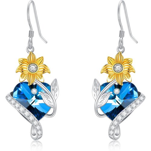 Sterling Silver Two-tone Heart Shaped Crystal Sunflower Drop Earrings