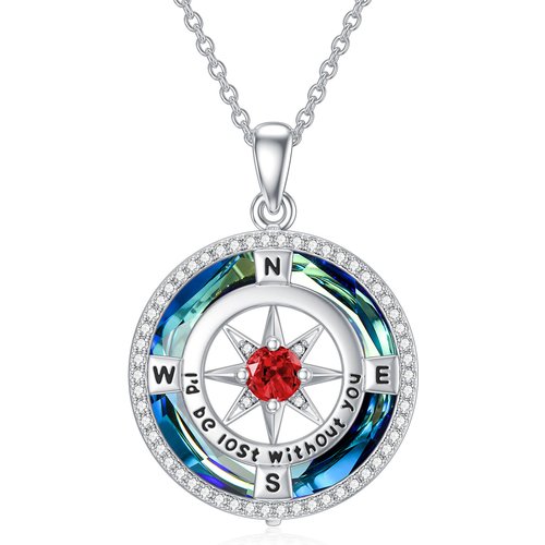 Sterling Silver Crystal Personalized Birthstone & Compass Pendant Necklace for women