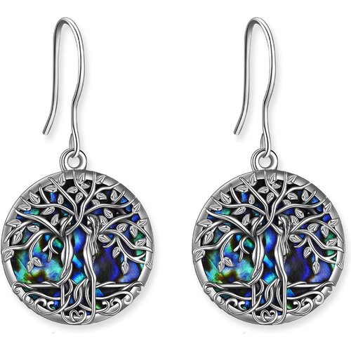 Sterling Silver Round Abalone Shellfish Tree Of Life Drop Earrings