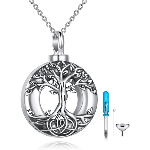 Sterling Silver Tree Of Life & Circle Urn Necklace for Ashes for Women Men