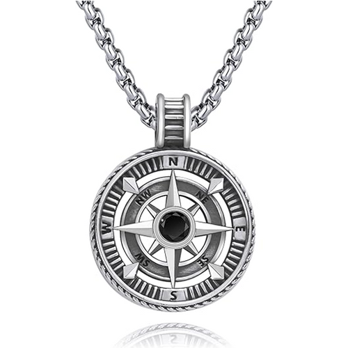 Unisex Sterling Silver Compass Pendant Necklace