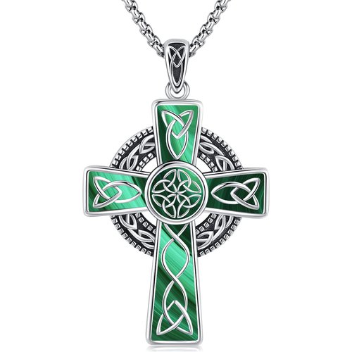 Unisex Sterling Silver Malachite Celtic Knot & Cross Pendant Necklace