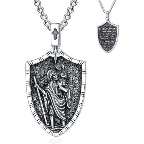 Unisex Sterling Silver Saint Christopher Cuban Chain Pendant Necklace