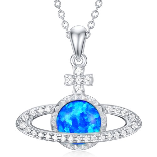 Sterling Silver Circular Aquamarine Cross & Planet Necklace for Women