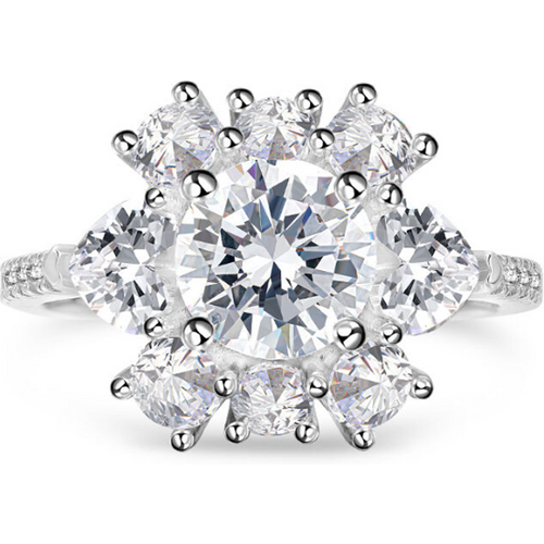 White Gold Vermeil Personalized Engraved Flower Engagement Ring for Women