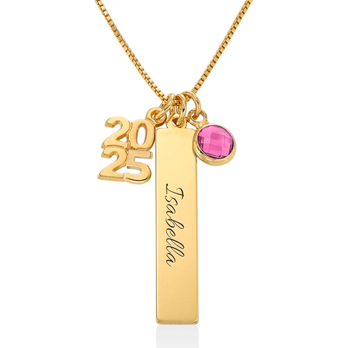 White Gold Vermeil Round Personalized Birthstone Engraving & Parents Children Necklace Graduation Necklace