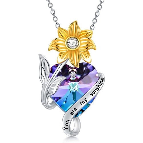Sterling Silver Two-tone Sunflower & Heart Crystal Pendant Necklace with Engraved Word