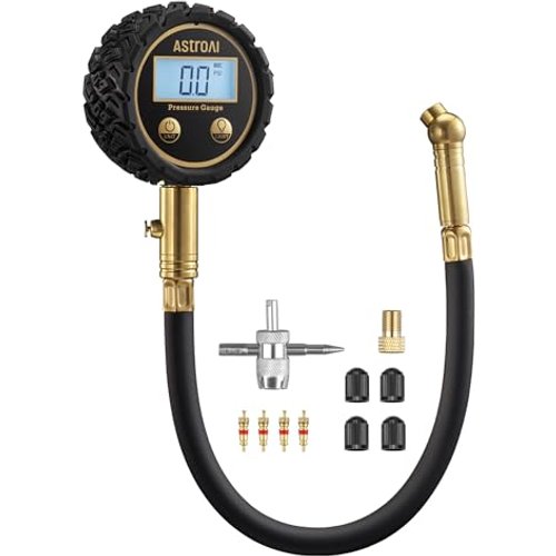 AstroAI Pro Digital Tire Pressure Gauge 3-250PSI ANSI B40.7 Grade 2A (±0.4%), Tire Gauge for Tire Pressure, Solid Brass with Rubber Hose, Air Bleeder Valve and Backlit LED, Car Accessories, Gold