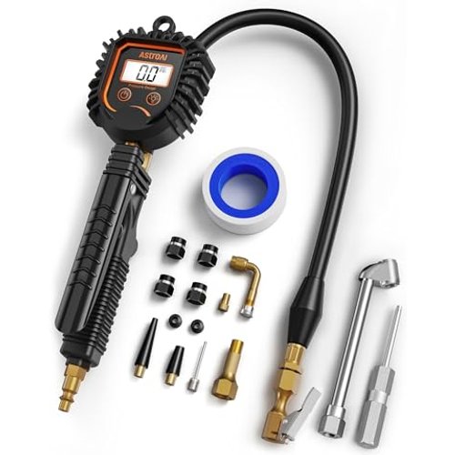 Digital Tire Pressure Gauge with Inflator, 250 PSI Air Chuck and Compressor Accessories Heavy Duty Tire Inflator Gauge Compatible with Bicycle/Truck/SUV/Motorcyle/RV, White