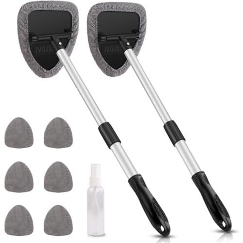 AstroAI Car Window Cleaner Windshield Cleaner with 8 Reusable and Washable Microfiber Pads and Extendable Handle Auto Inside Glass Wiper Kit, Gray, 2 Pack