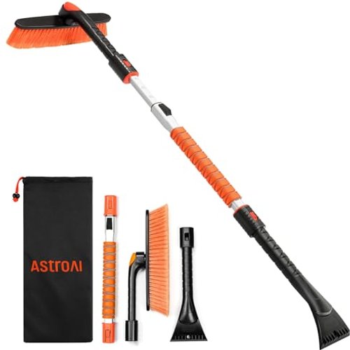 AstroAI 47.2 Inch Ice Scraper Extendable Car Snow Brush, Orange with 360° Pivoting Brush Head