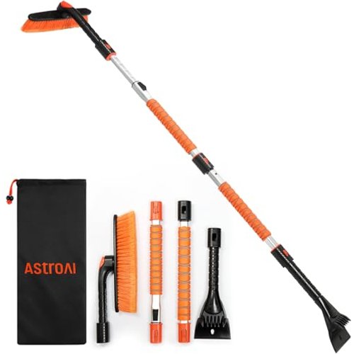 AstroAI 62.4 Inch Ice Scraper and Extendable Car Snow Brush, Snow Brush for Car, Orange with 360° Pivoting Brush Head