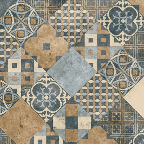Subsuelo textil de pvc - baldosas art deco - terre de sienne y gris azul - rollo 3m x 3m