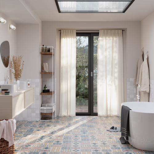 Artens - pavimento de pvc - baldosas clip de pvc bahia - intenso - efecto baldosa de cemento - azul / rosa / amarillo - l.61 cm x an.30,5 cm - espesor