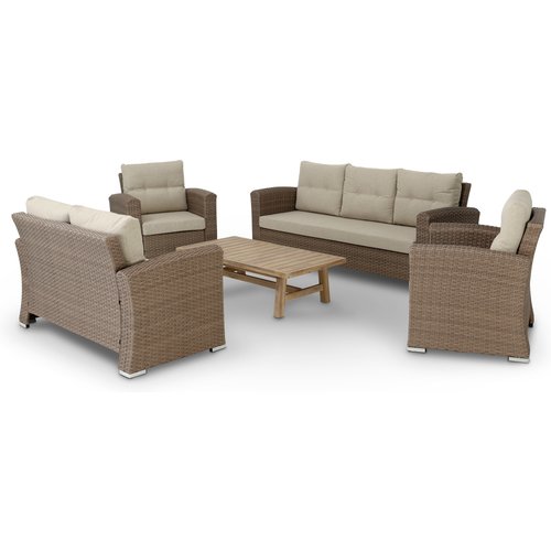 Conjunto de jardín 1 sofá de 3 plazas + 1 sofá de 2 plazas + 2 sillones ratán sintético y aluminio + 1 mesa baja madera siena - bolonia&siena