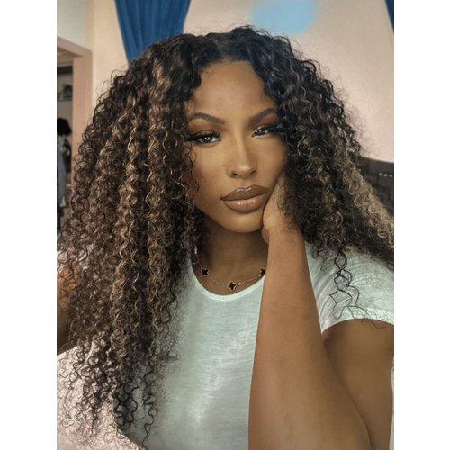 Bye Bye Knots Wig 7x5 Glueless Lace 180% Density Honey Brown Highlights Jerry Curly Wig With Bleached Knots