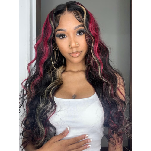 7x5 Bye Bye Knots™ Glueless Lace Red Blonde Highlights Loose Wave Wig 150% Density