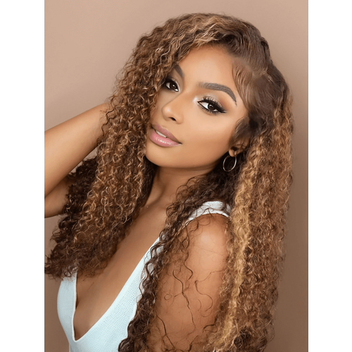 180% Density 18 Inch 13x4 Lace Frontal Wigs Ombre Honey Blonde Highlight Curly Human Hair