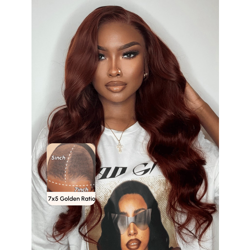 7x5 Byebye Knots Lace Reddish Brown Body Wave Bleached Knots Blend Seamless Wig