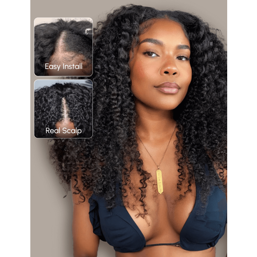 From 18'' UNice Beginner Friendly EasiContour Hand Tied V Part Drawstring Kinky Curly Wig Glueless Protective Wig 150% Density