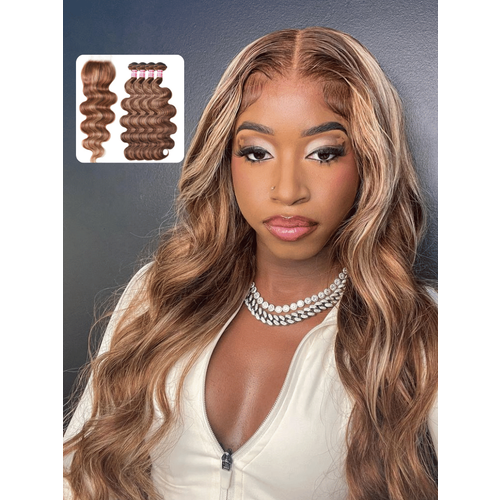 UNice Honey Blonde Piano Highlighted Body Wave 4Pcs Bundles With Closure