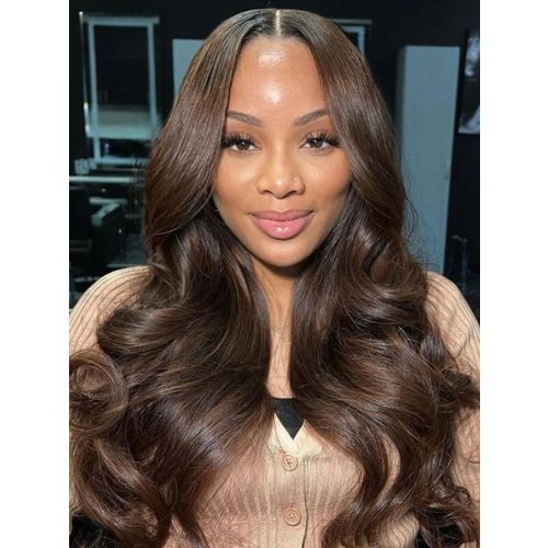 13x4 Pre-Everything Lace Frontal Espresso Brown With Highlights Loose Wave Glueless Wig
